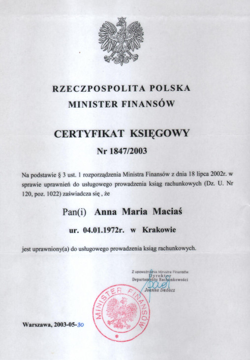 Certyfikat księgowy pracownika biura rachunkowego w Krakowie