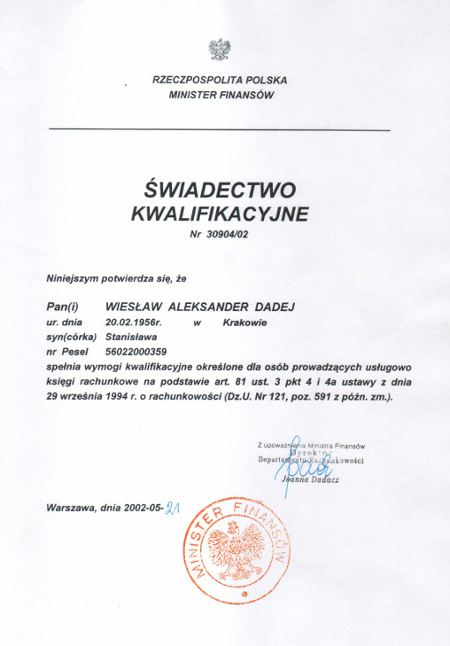 świadectwo kwalifikacji do prowadzenia usług księgowych Kraków